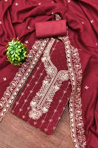 Women's maroon embroidery vichitra cotton dress material