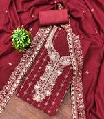 Women's maroon embroidery vichitra cotton dress material