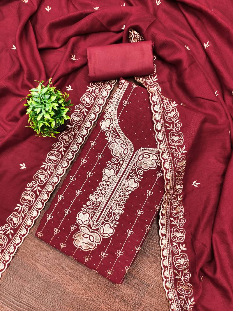 Women's maroon embroidery vichitra cotton dress material