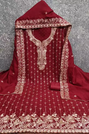  maroon embroidery vichitra cotton dress material