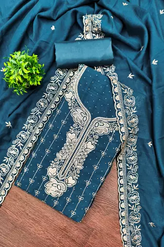 Women's blue embroidery vichitra cotton dress material