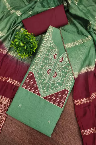 Women's green embroidery slub cotton dress material