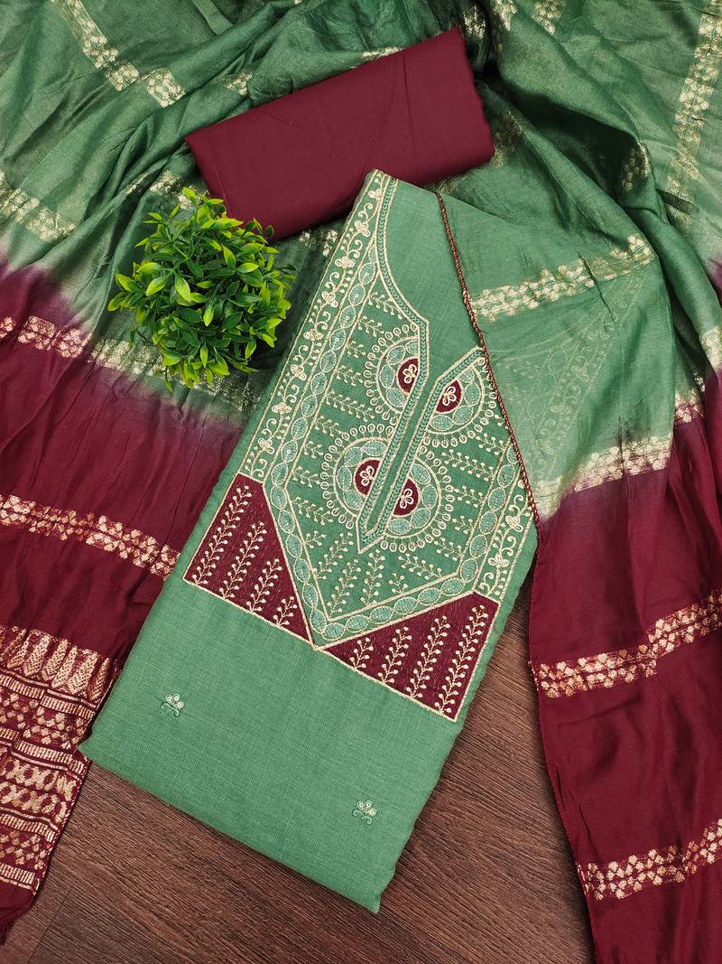 Women's green embroidery slub cotton dress material