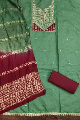  green embroidery slub cotton dress material