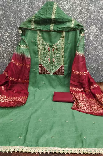  green embroidery slub cotton dress material