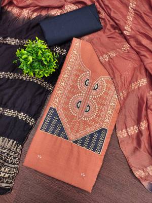  peach embroidery slub cotton dress material 1