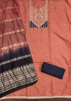  peach embroidery slub cotton dress material 2