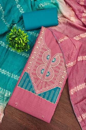 Women's pink embroidery slub cotton dress material