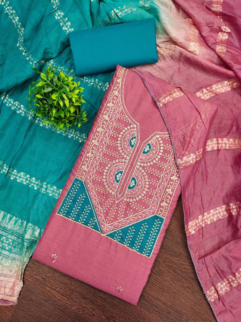 Women's pink embroidery slub cotton dress material