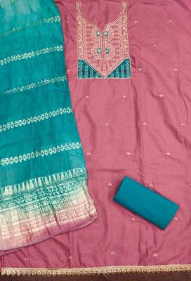  pink embroidery slub cotton dress material 2