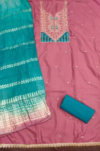  pink embroidery slub cotton dress material