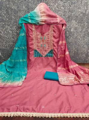  pink embroidery slub cotton dress material 3