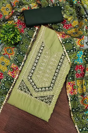 Women's light green embroidery slub cotton dress material