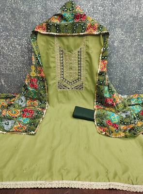  light green embroidery slub cotton dress material 3