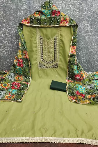  light green embroidery slub cotton dress material