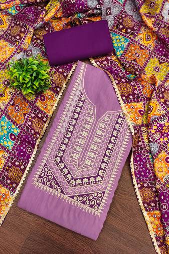 Women's levender embroidery slub cotton dress material