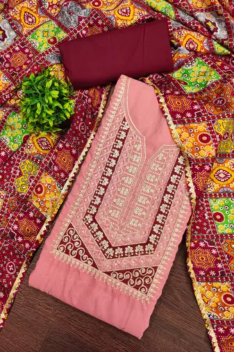Women's pink embroidery slub cotton dress material