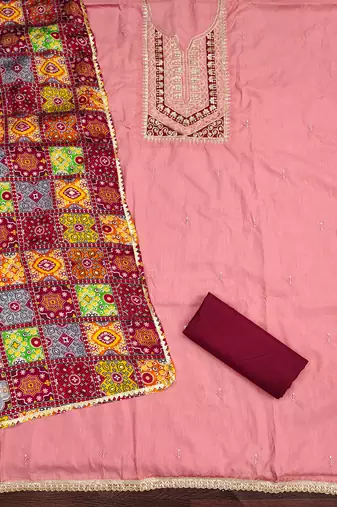  pink embroidery slub cotton dress material
