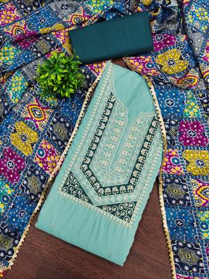  sea green embroidery slub cotton dress material 1