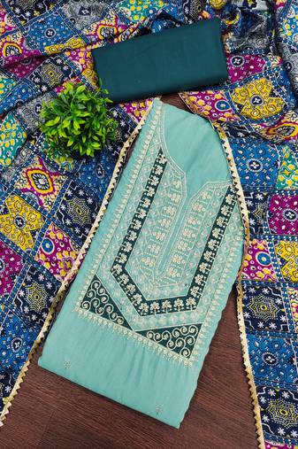 Women's sea green embroidery slub cotton dress material