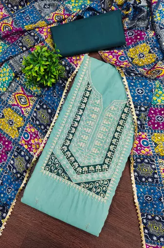 Women's sea green embroidery slub cotton dress material