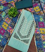 Women's sea green embroidery slub cotton dress material