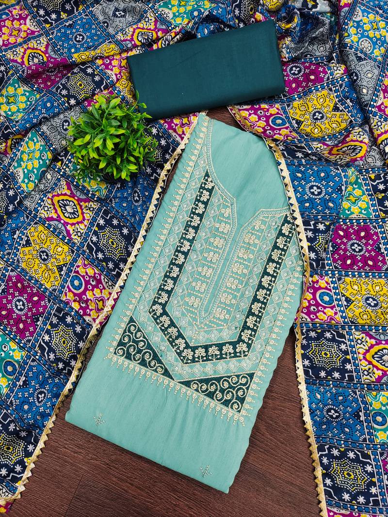 Women's sea green embroidery slub cotton dress material