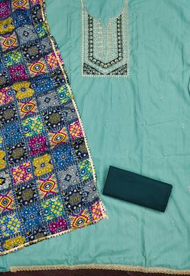  sea green embroidery slub cotton dress material 2