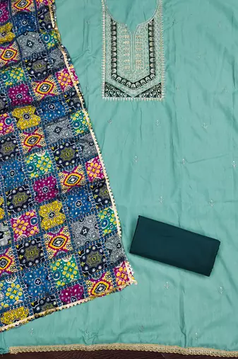  sea green embroidery slub cotton dress material