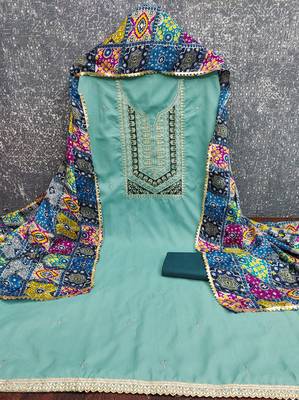  sea green embroidery slub cotton dress material 3