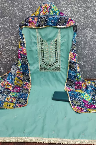  sea green embroidery slub cotton dress material