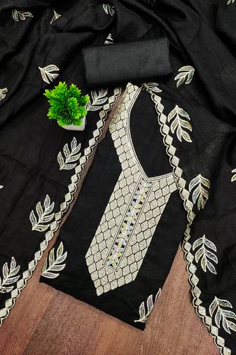 Women's black embroidery vichitra cotton dress material