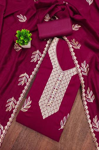Women's magenta embroidery vichitra cotton dress material