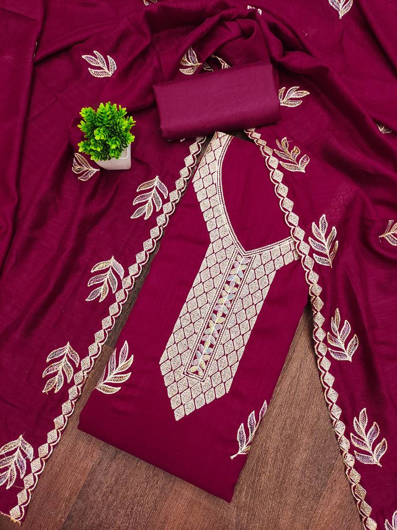 Women's magenta embroidery vichitra cotton dress material