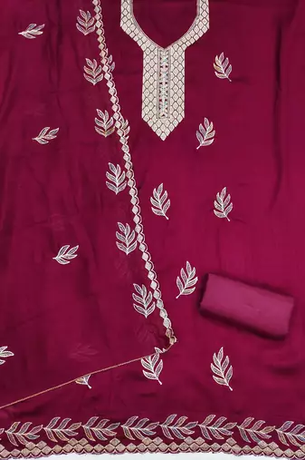  magenta embroidery vichitra cotton dress material