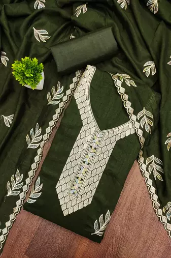 Women's green embroidery vichitra cotton dress material