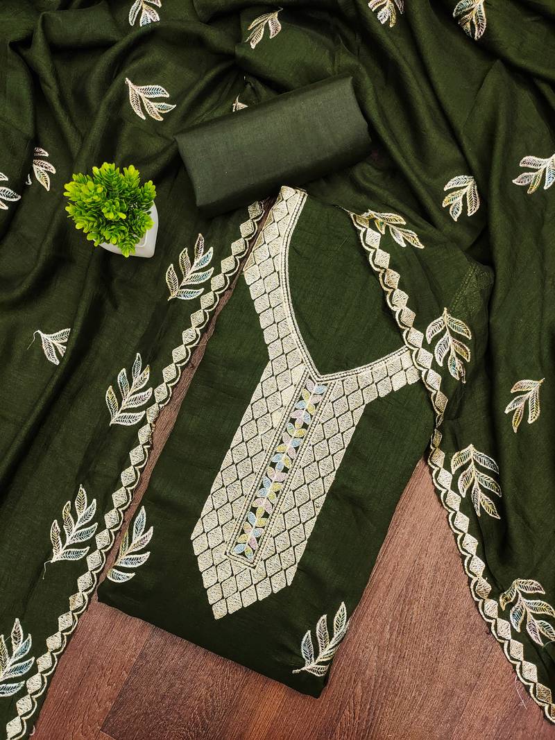 Women's green embroidery vichitra cotton dress material