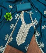 Women's blue embroidery vichitra cotton dress material