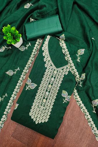 Women's green embroidery vichitra cotton dress material