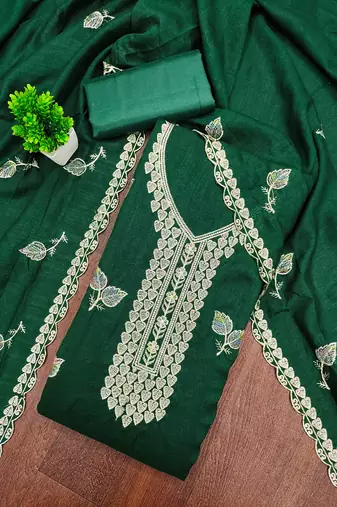 Women's green embroidery vichitra cotton dress material