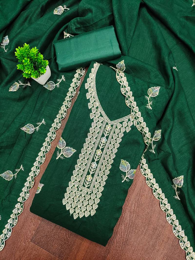 Women's green embroidery vichitra cotton dress material