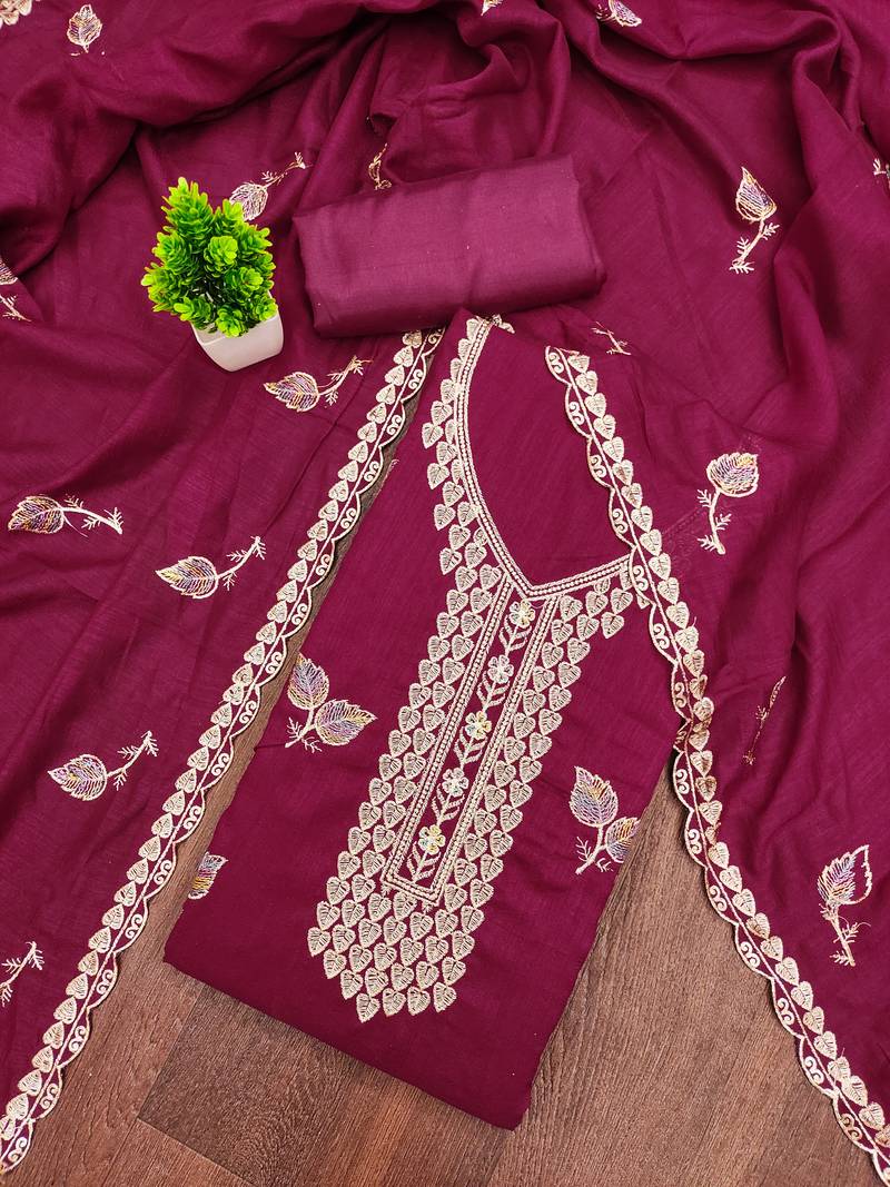 Women's magenta embroidery vichitra cotton dress material