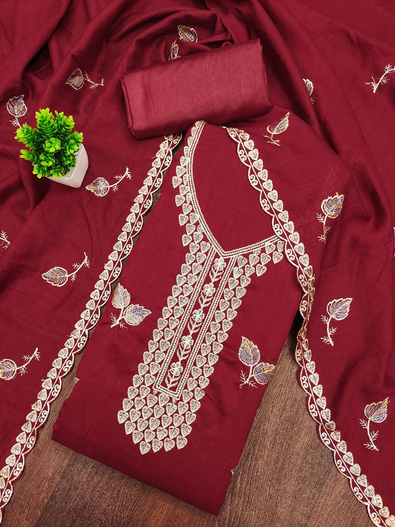 Women's maroon embroidery vichitra cotton dress material
