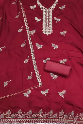  maroon embroidery vichitra cotton dress material