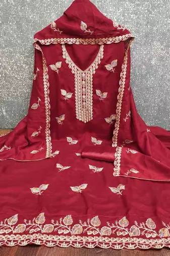  maroon embroidery vichitra cotton dress material
