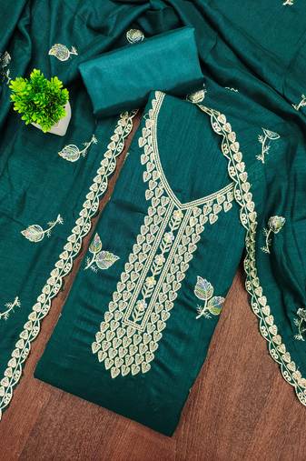 Women's green embroidery vichitra cotton dress material