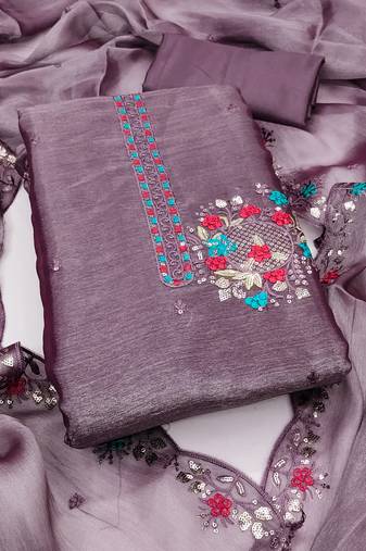 Women's levender embrodiery barbari silk dress material