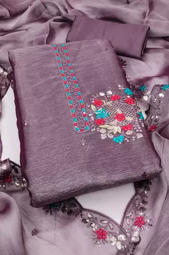 Women's levender embrodiery barbari silk dress material