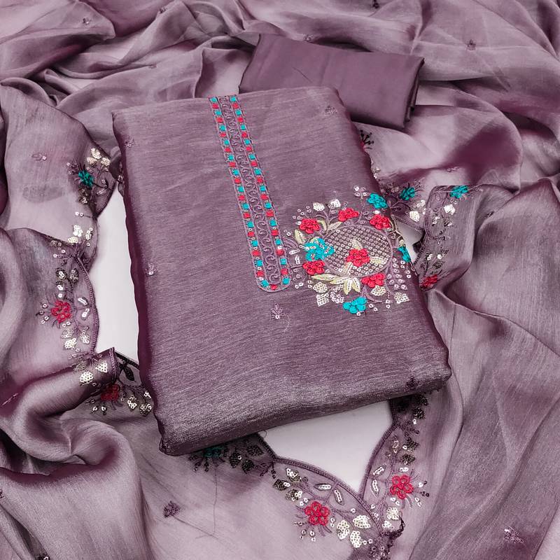 Women's levender embrodiery barbari silk dress material