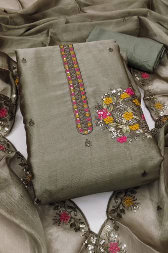 Women's green embrodiery barbari silk dress material